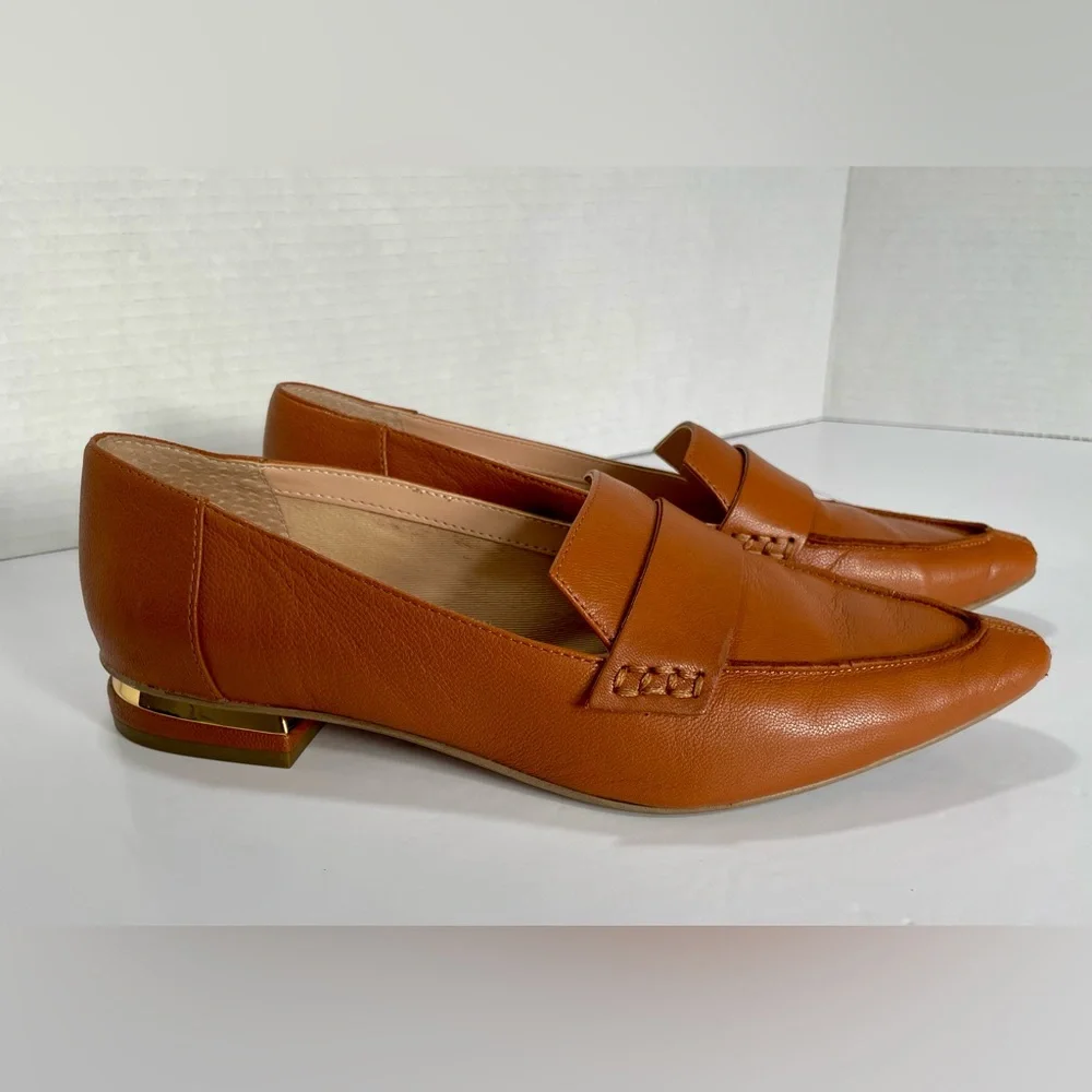 FRANCO SARTO Brown Leather Pointed Toe Loafers Gold Heel Detail 7.5 - Picture 2 of 9